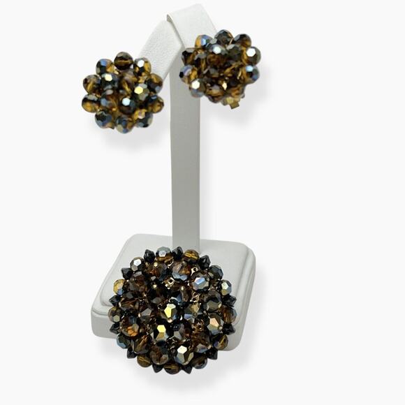 Vintage Brooch And Cluster Clip Earrings Brown AB Rhinestones Beads Gold Tone - Picture 3 of 13